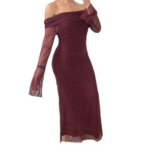 Women’s Wedding Formal Brunch Burgundy Long Dress Size Medium M Ruched Unbranded
